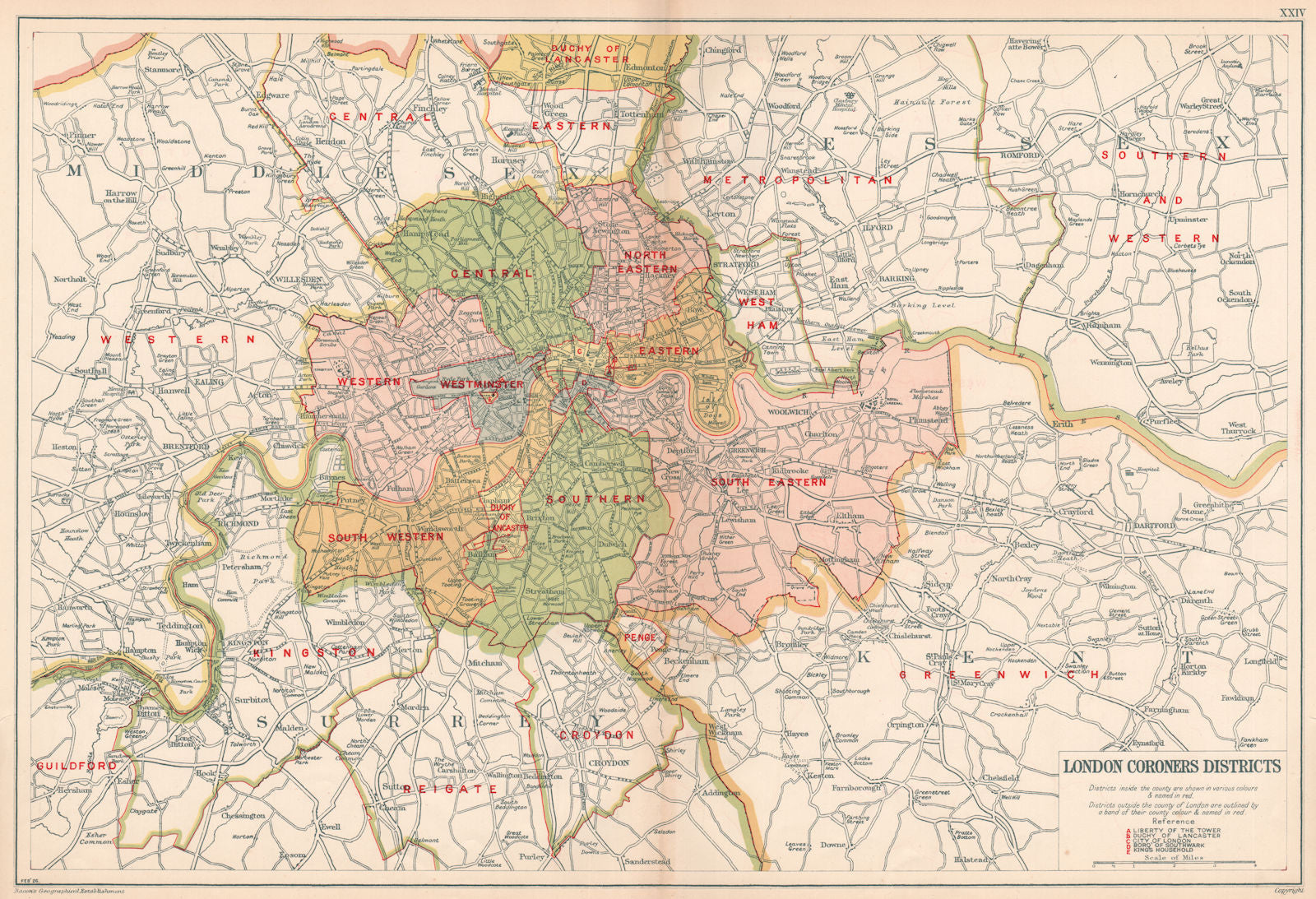 LONDON CORONERS DISTRICTS. Vintage map. BACON 1927 old vintage plan chart